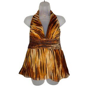 Y2K Donna Ricco Animal Print SILK Halter babydoll silhouette Top Women's sz 10